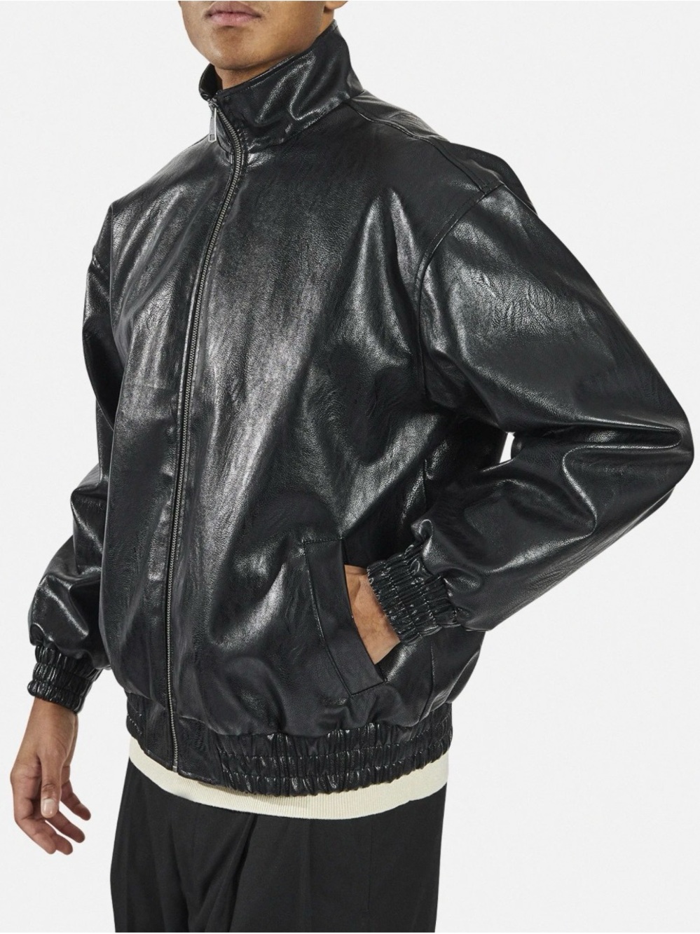 Men's Black Faux Leather Oversized Bomber Jacket Redefined Rebel Denmark Sz L